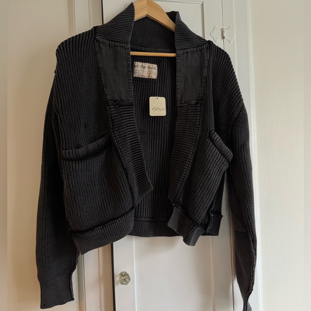 Free People Worn Thru Surplus Charcoal Knit Cardigan sz S